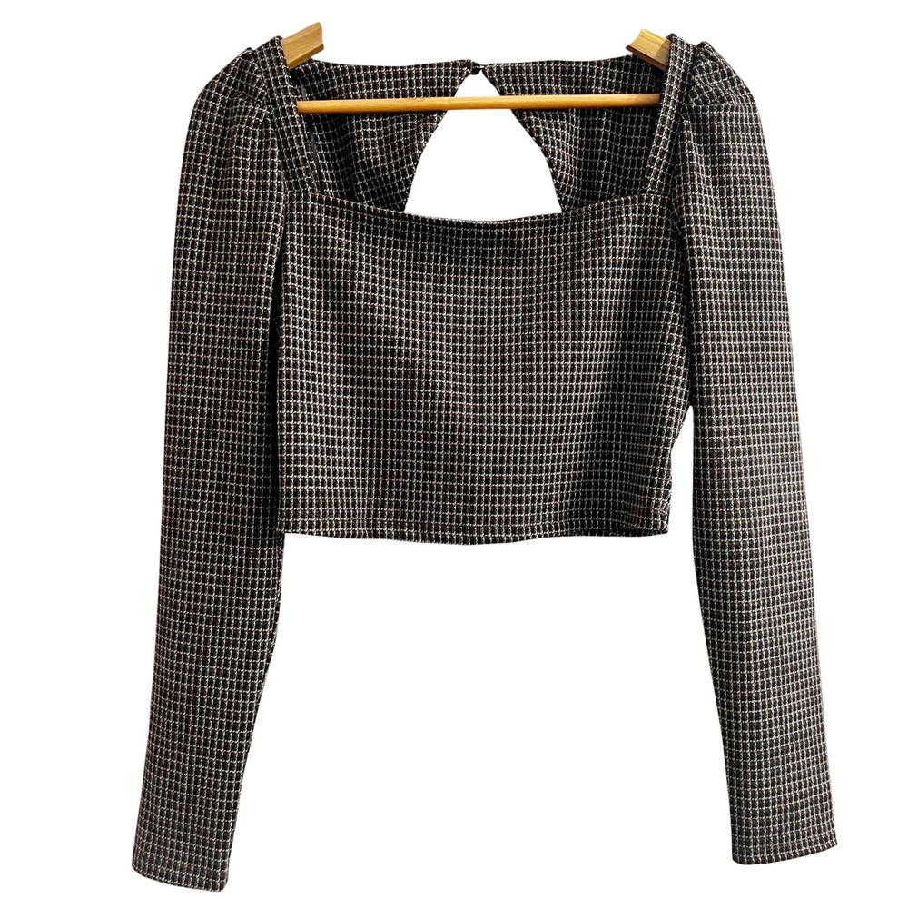 House of Harlow 1960 Womens Brown Plaid Square Neck Puff Sleeve Crop Top Small